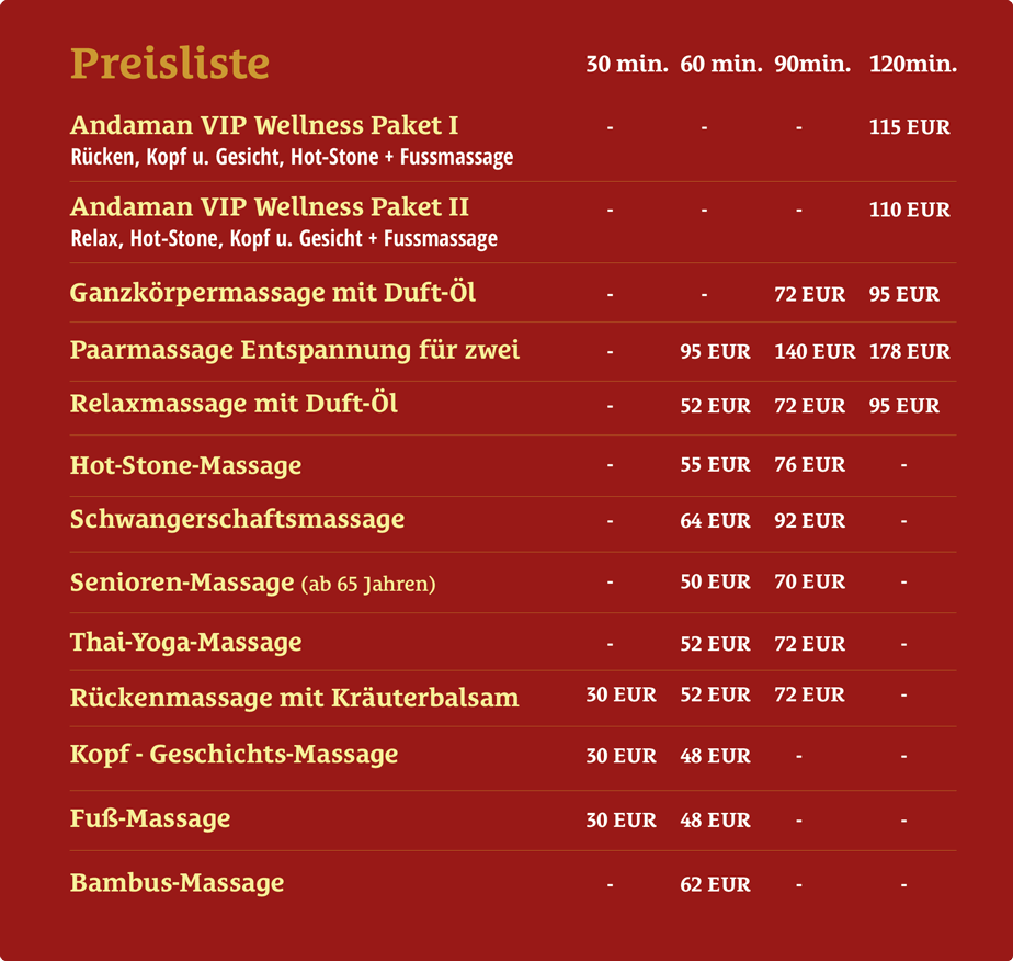 Massagen Preisliste