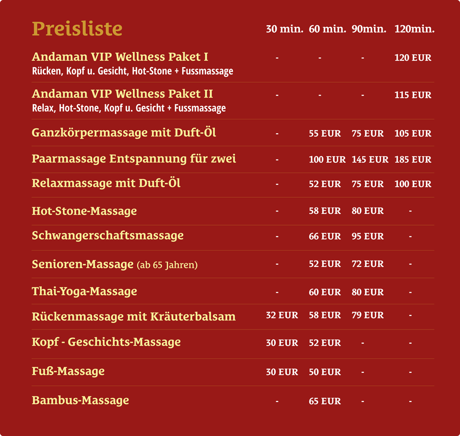 Massagen Preisliste